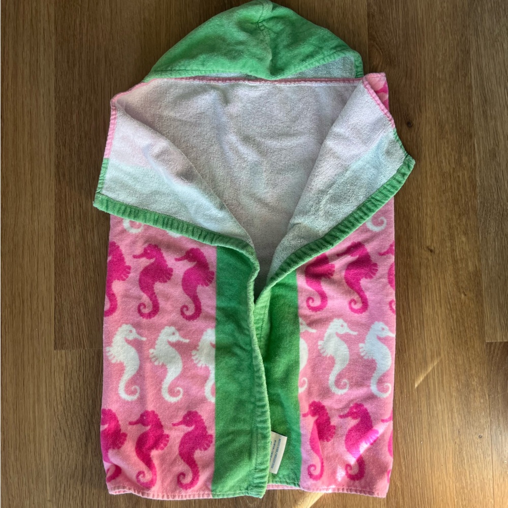Pottery Barn Kids PB Pink and Green Seahorse Hooded Towel for Beach Pool Small